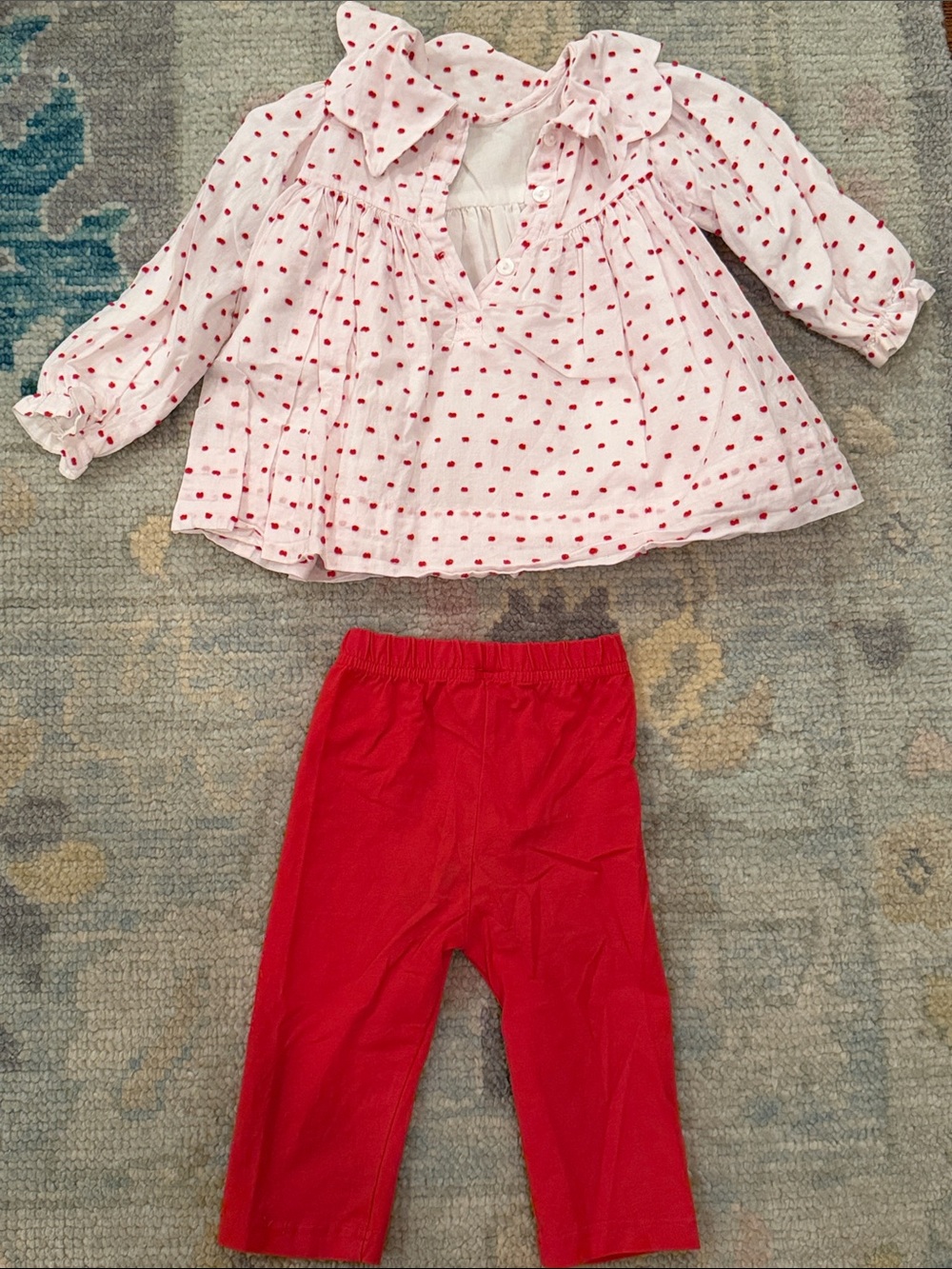 Cecil & Lou Swiss Dot Ruffle Collar Top and Red Leggings Set - Picture 2 of 4
